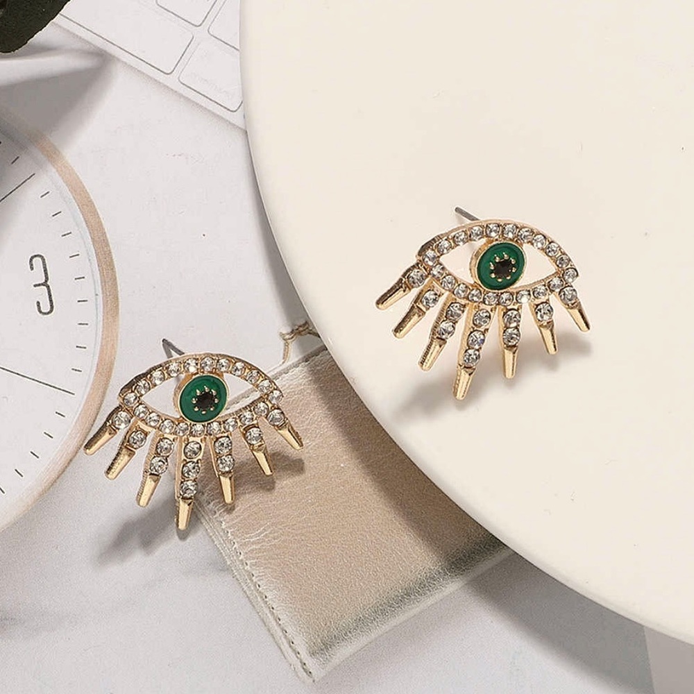 2/$20! Gold Crystal Pave Evil Eye Stud Earrings - Picture 3 of 8
